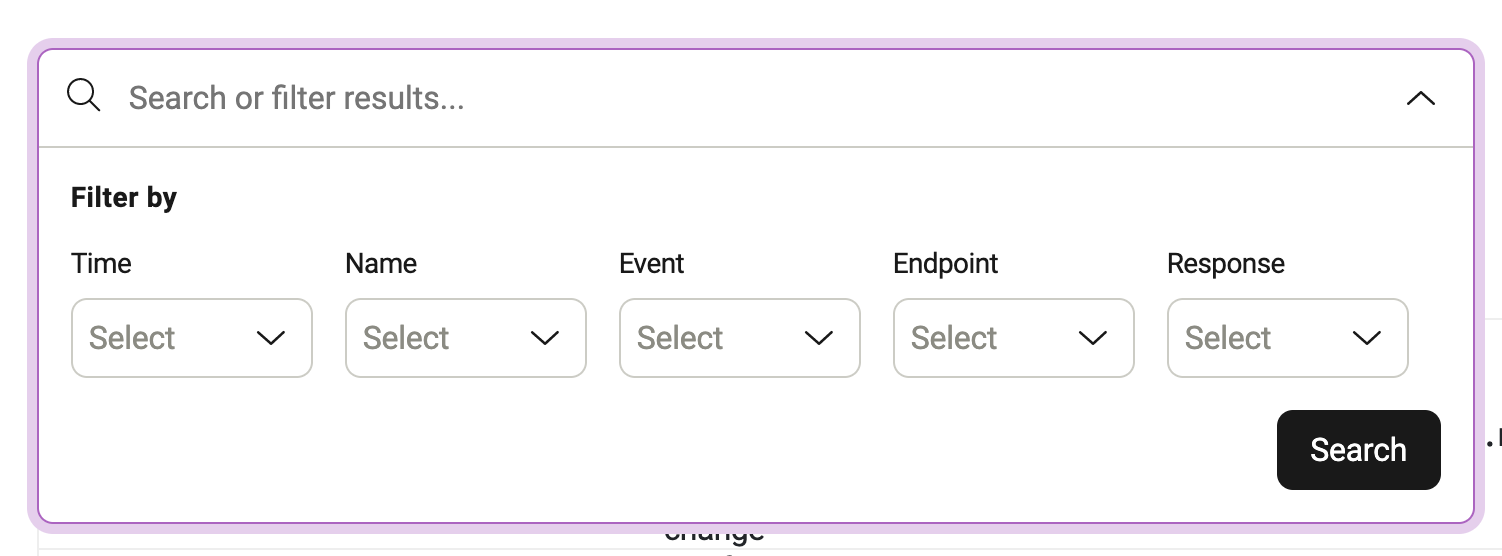 Screenshot of the options for searching and filtering on the Webhook Logs page.png